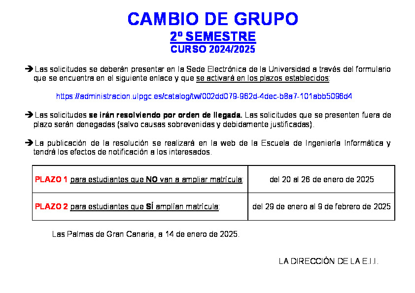 Cartel informativo de los plazos para los cambios de grupo del 2º cuatrimestre curso 24/25