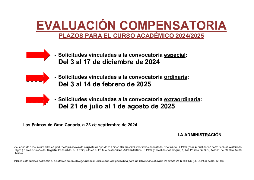 Cartel con los plazos para la evaluación compensatorio curso 2024/2025