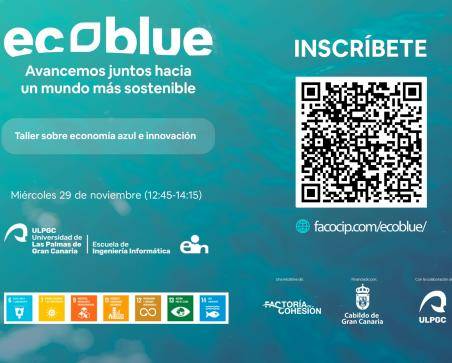 Cartel promocional de la jornada de Ecoblue con código qr a la página de inscripción
